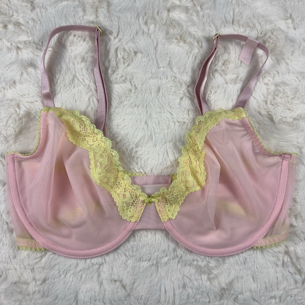 Victoria's Secret Tease Unlined Demi Bra Pink Mesh Sheer Yellow‎ Lace 36D NWT